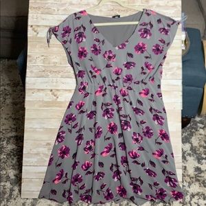 Gray dress, purple and pink flowers